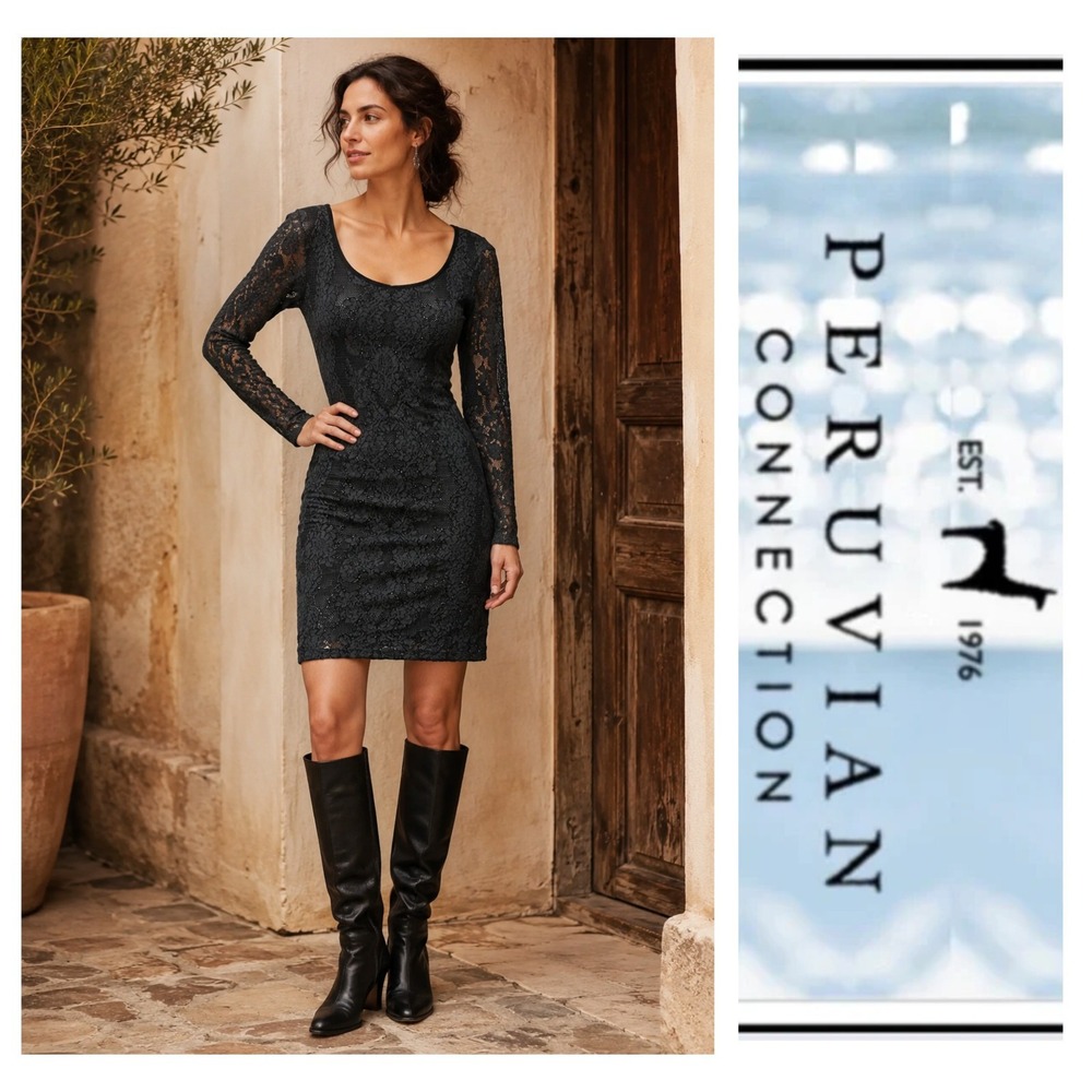Peruvian Connection Black Gray Damask 100% Pima Cotton Knit Bodycon Dress XS